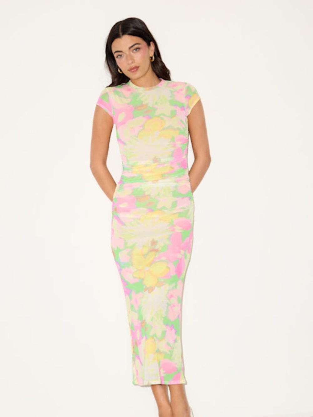 AFRM Los Angeles Cici Green Multi Floral Mesh Bodycon Midi Dress - Size XS